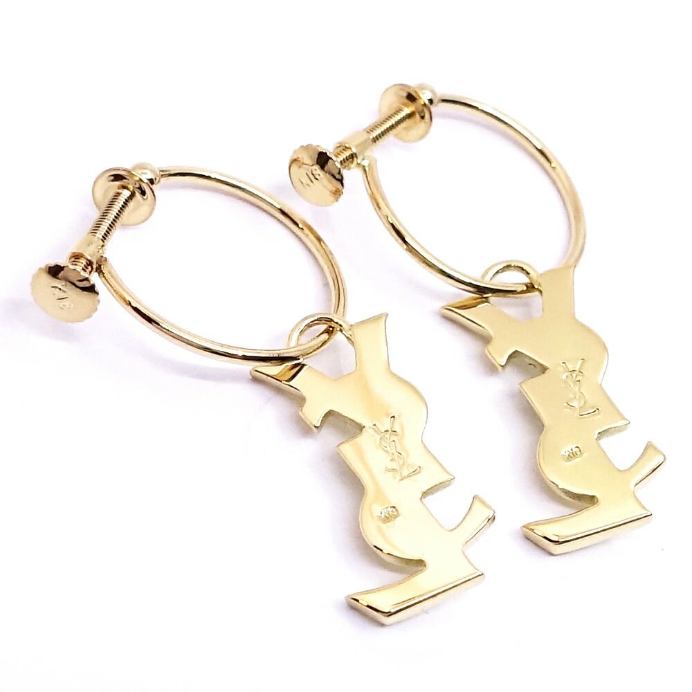 Saint Laurent 18K Yellow Gold Logo Hoop Earrings YSL Vintage — view 6