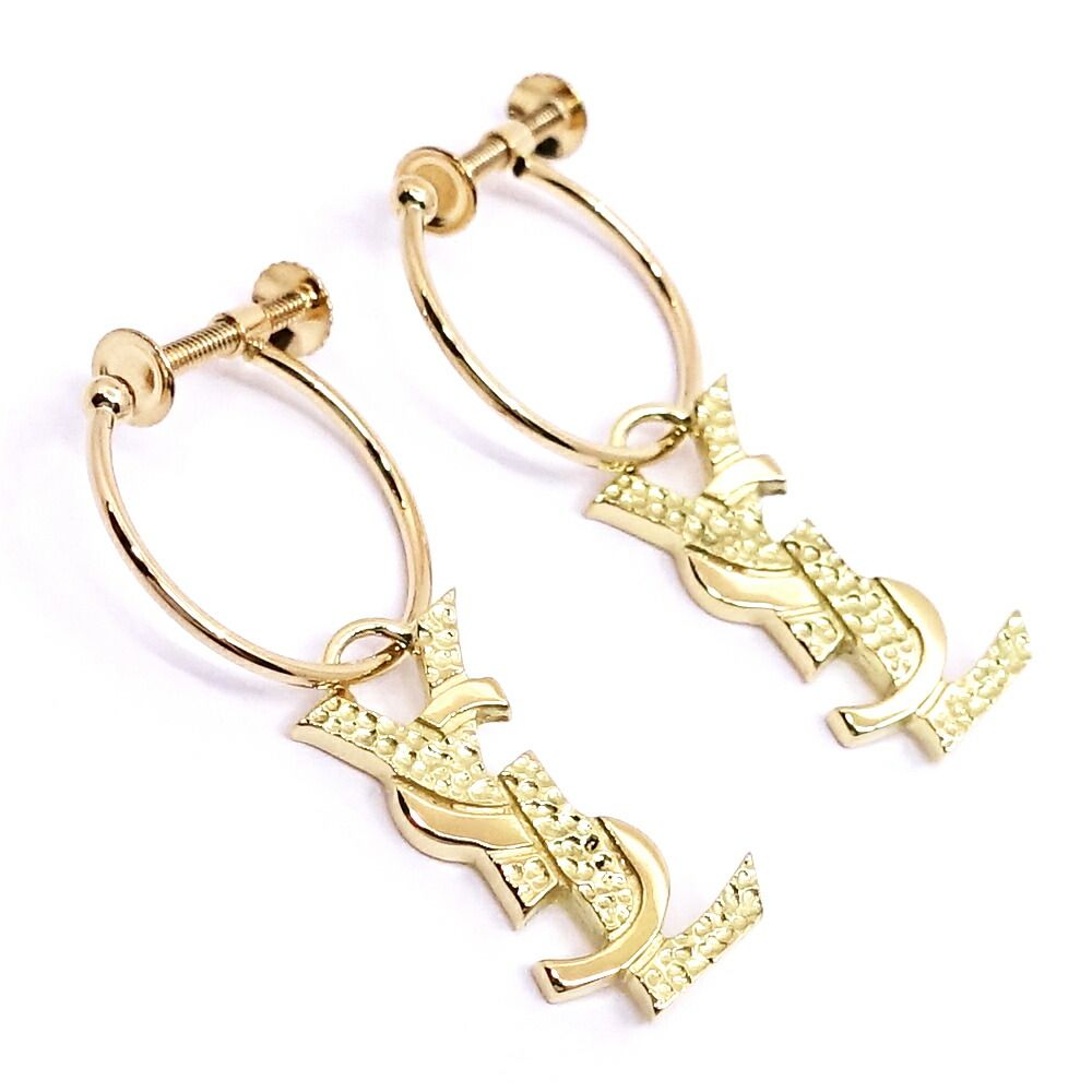Saint Laurent 18K Yellow Gold Logo Hoop Earrings YSL Vintage — view 5