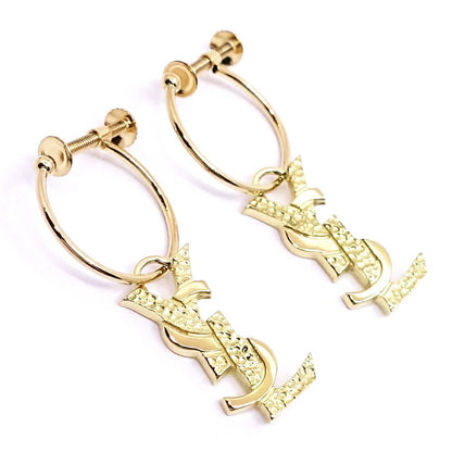 Saint Laurent 18K Yellow Gold Logo Hoop Earrings YSL Vintage — view 5