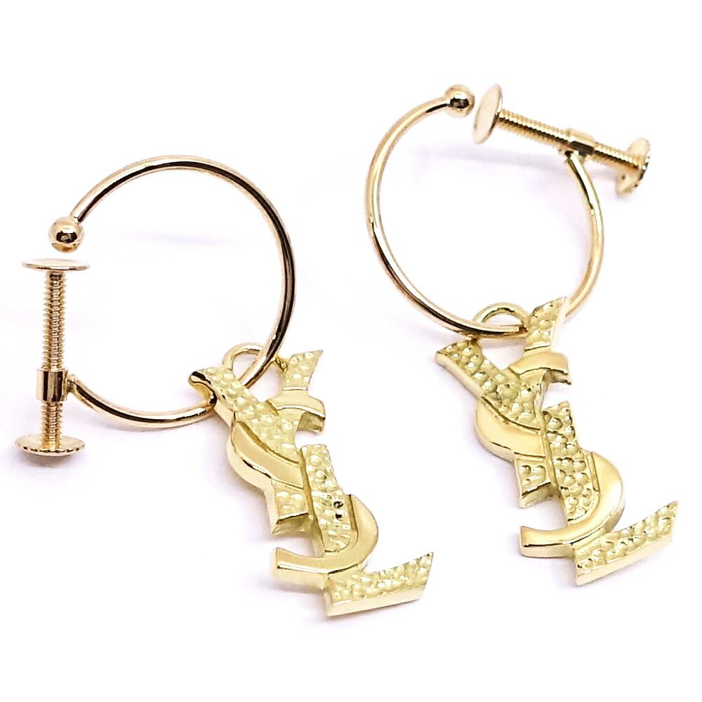 Saint Laurent 18K Yellow Gold Logo Hoop Earrings YSL Vintage — view 8