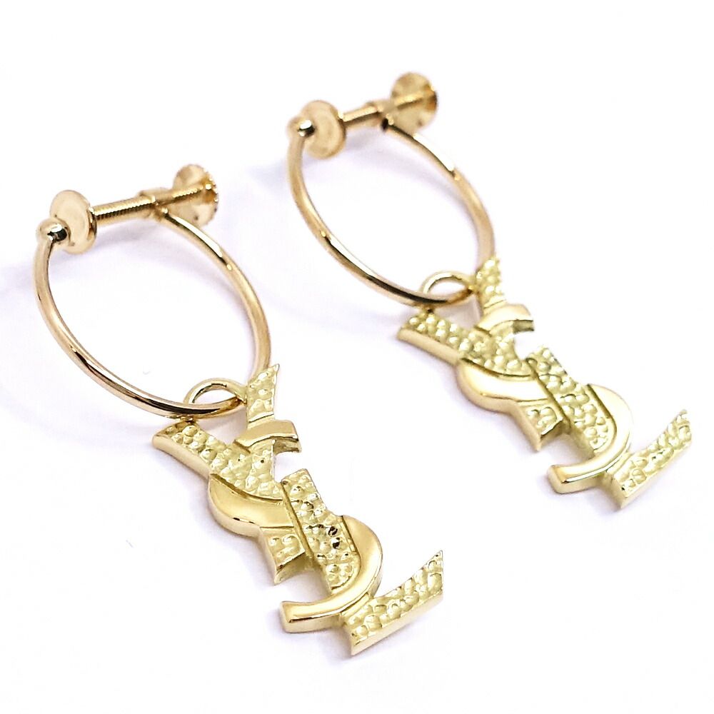 Saint Laurent 18K Yellow Gold Logo Hoop Earrings YSL Vintage — view 2