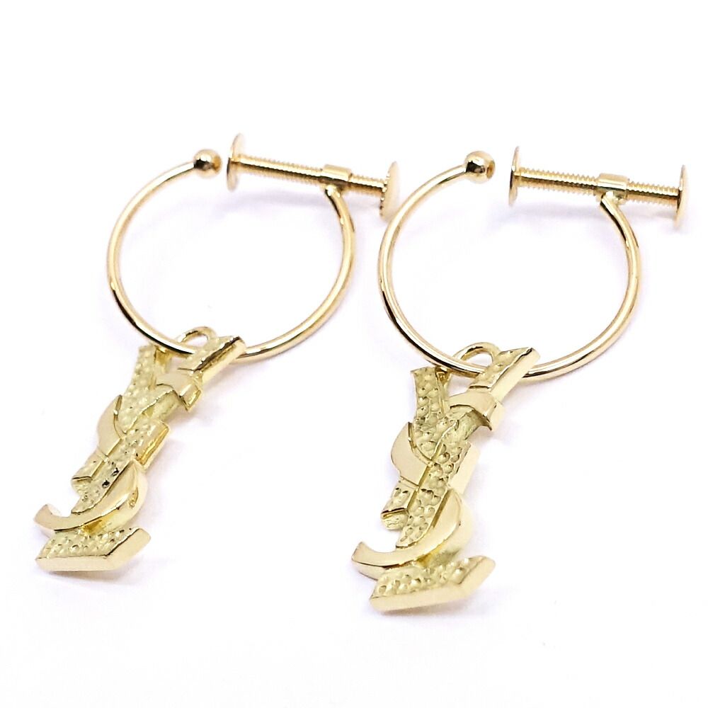 Saint Laurent 18K Yellow Gold Logo Hoop Earrings YSL Vintage — view 3