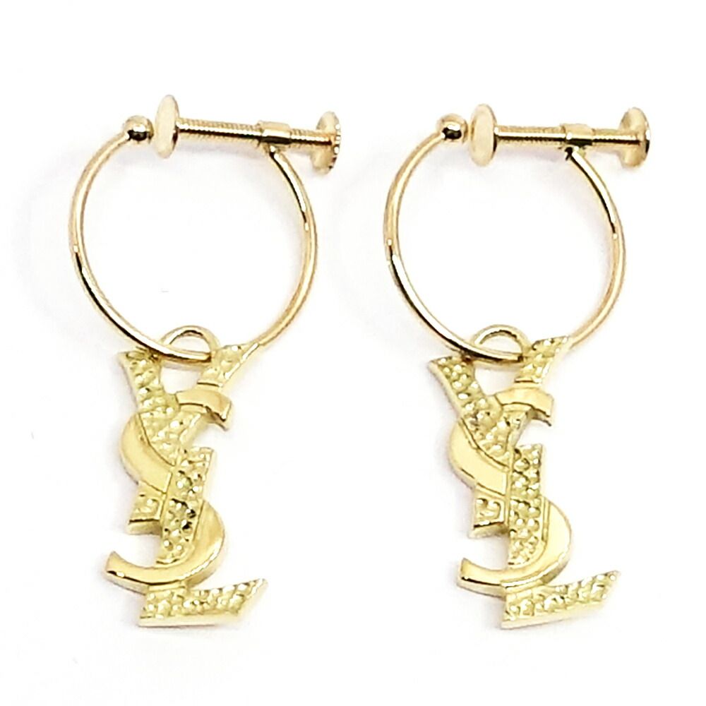 Saint Laurent 18K Yellow Gold Logo Hoop Earrings YSL Vintage