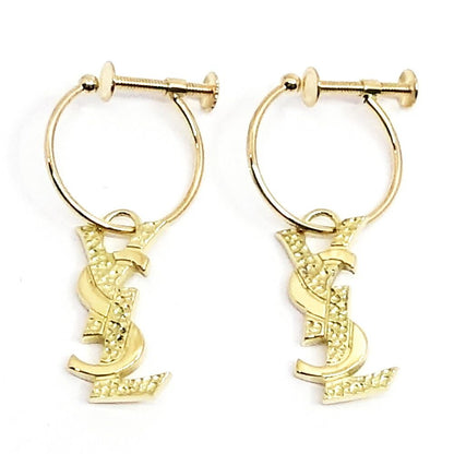 Saint Laurent 18K Yellow Gold Logo Hoop Earrings YSL Vintage