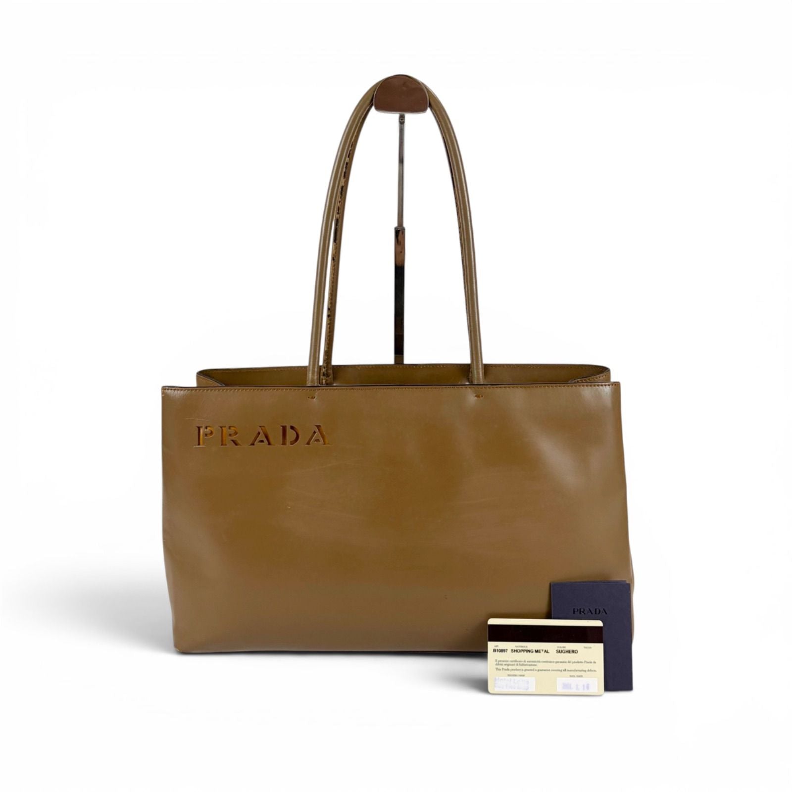 Prada Mini Tote Bag Shoulder Perforated Logo Leather Brown