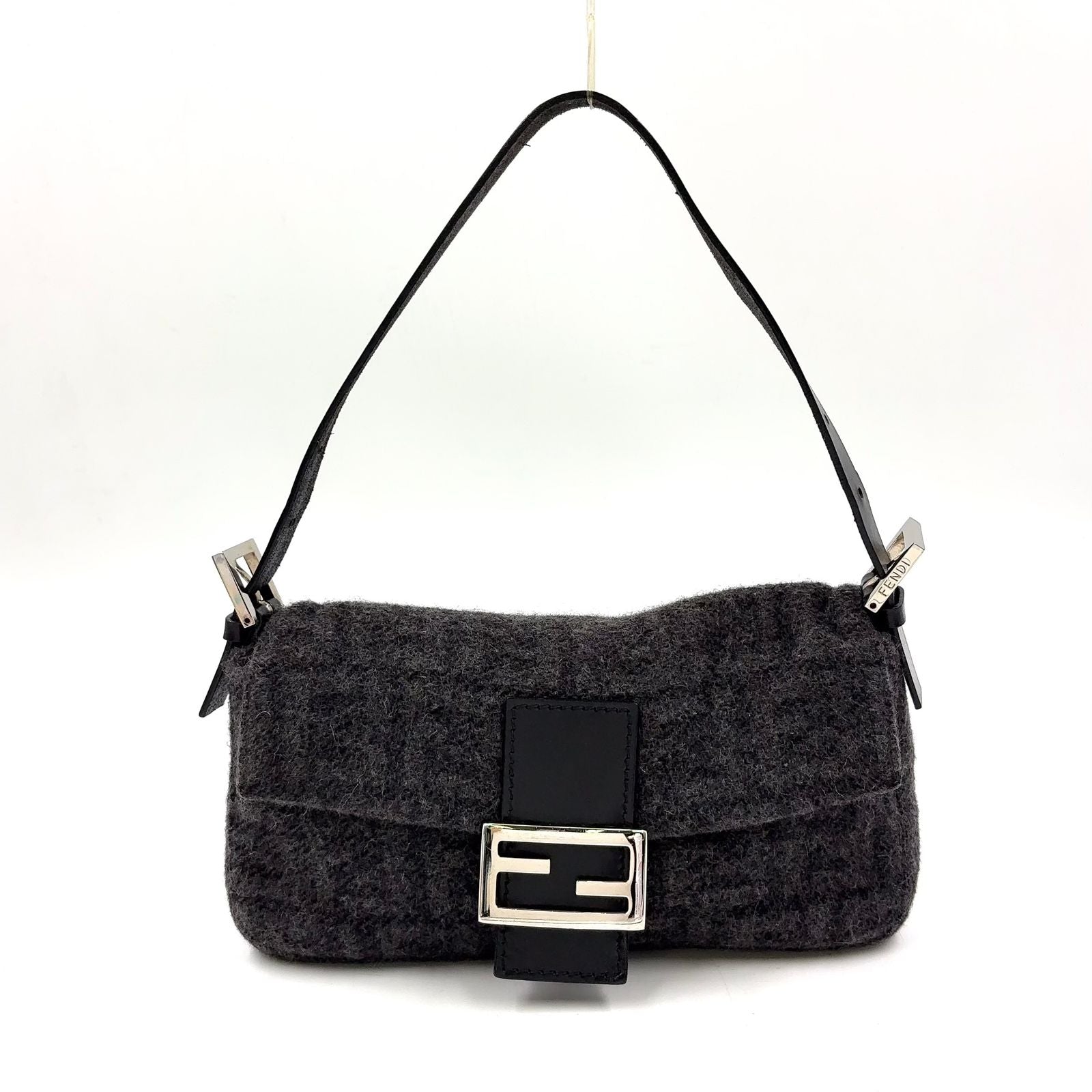 Fendi Zucca Pattern Mamma Bucket Wool Leather Gray Black Handbag Silver