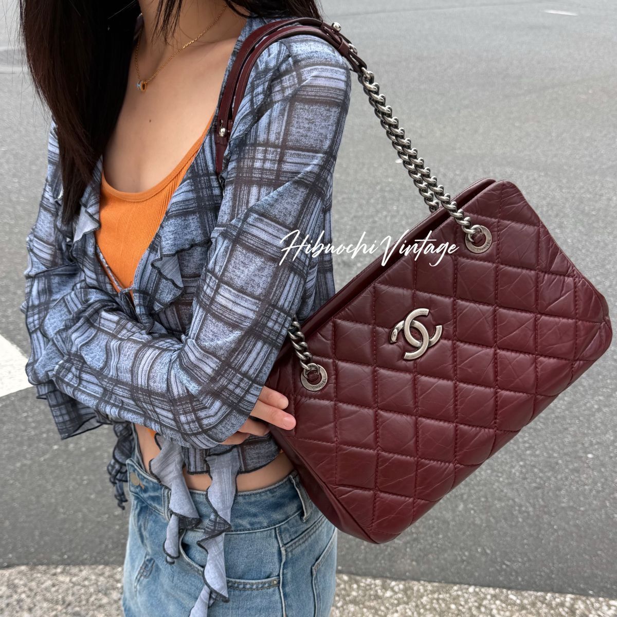 Chanel CC Logo Quilted Chain Shoulder Bag Leather Bordeaux Red Silver Vintage