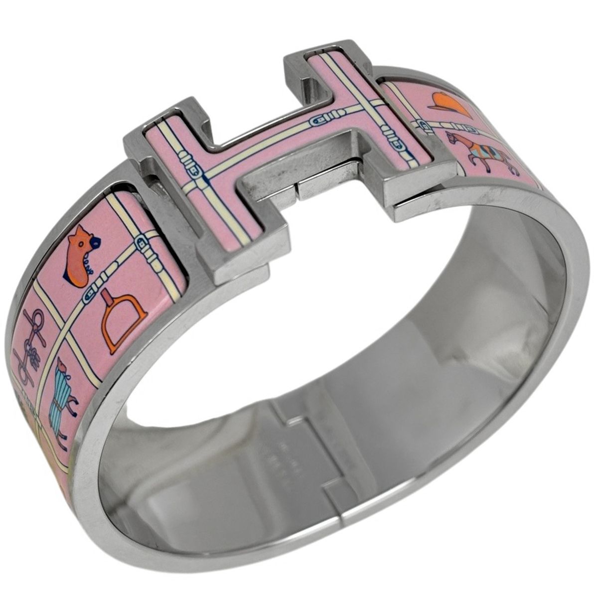 Hermes Clic Clac Enamel Bracelet Bangle Metal Silver Pink