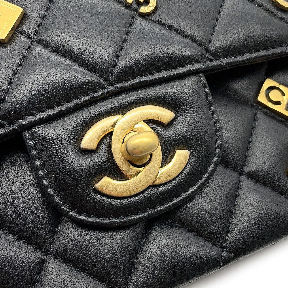 Chanel Chain Shoulder Bag Quilted 25 CC Logo Icon Charm Lambskin Double Black — view 8