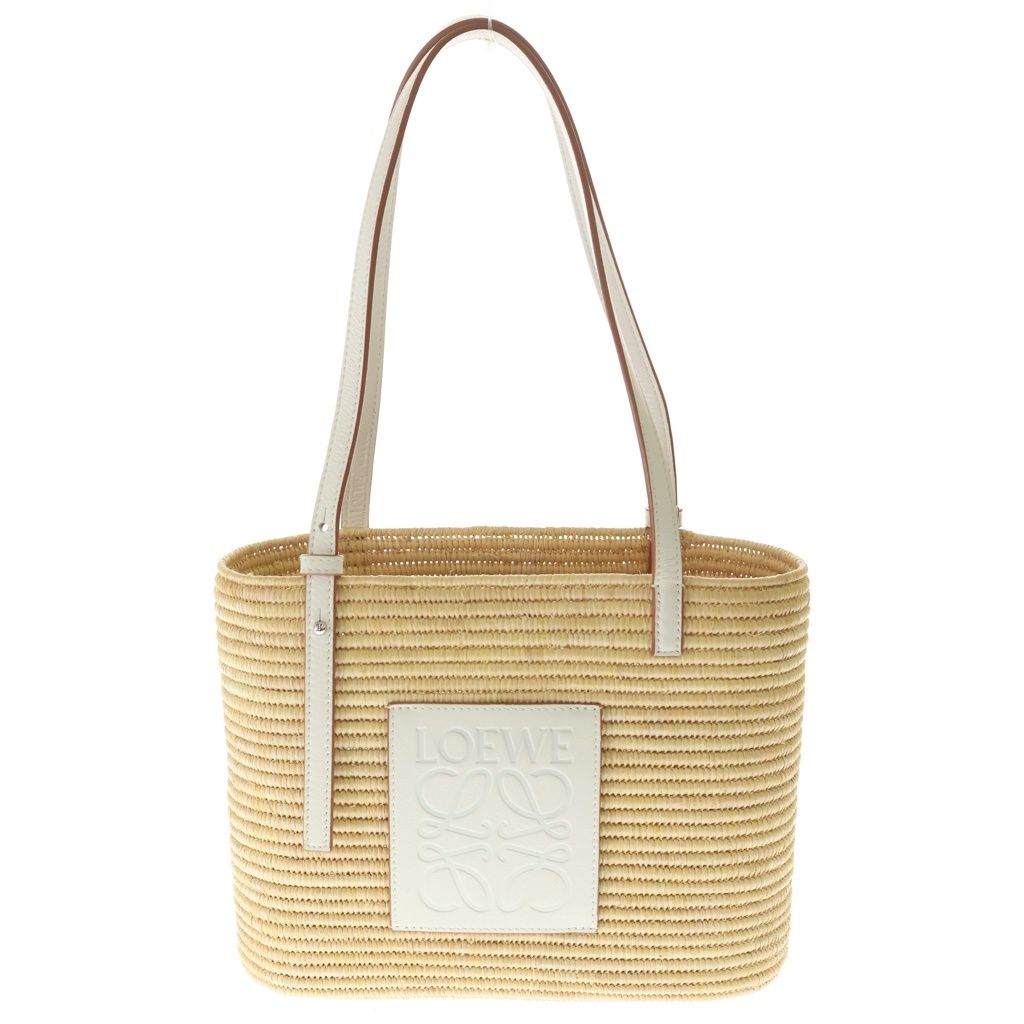 Loewe Angram Square Trimmed Raffia Small Basket Bag Handbag Beige White