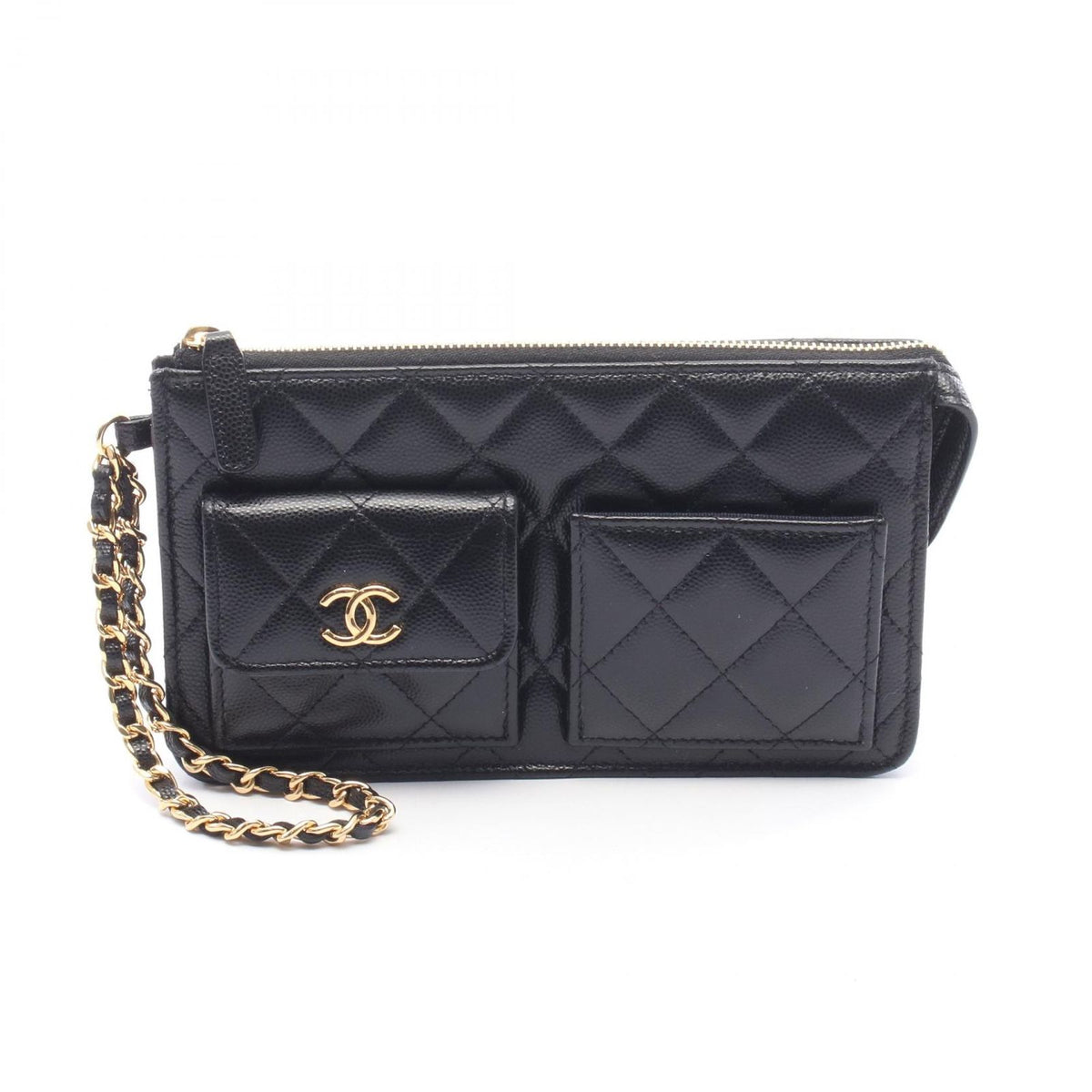 Chanel Clutch Quilted Wallet Black Caviar Leather Chain