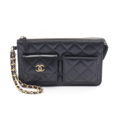Chanel Clutch Quilted Wallet Black Caviar Leather Chain
