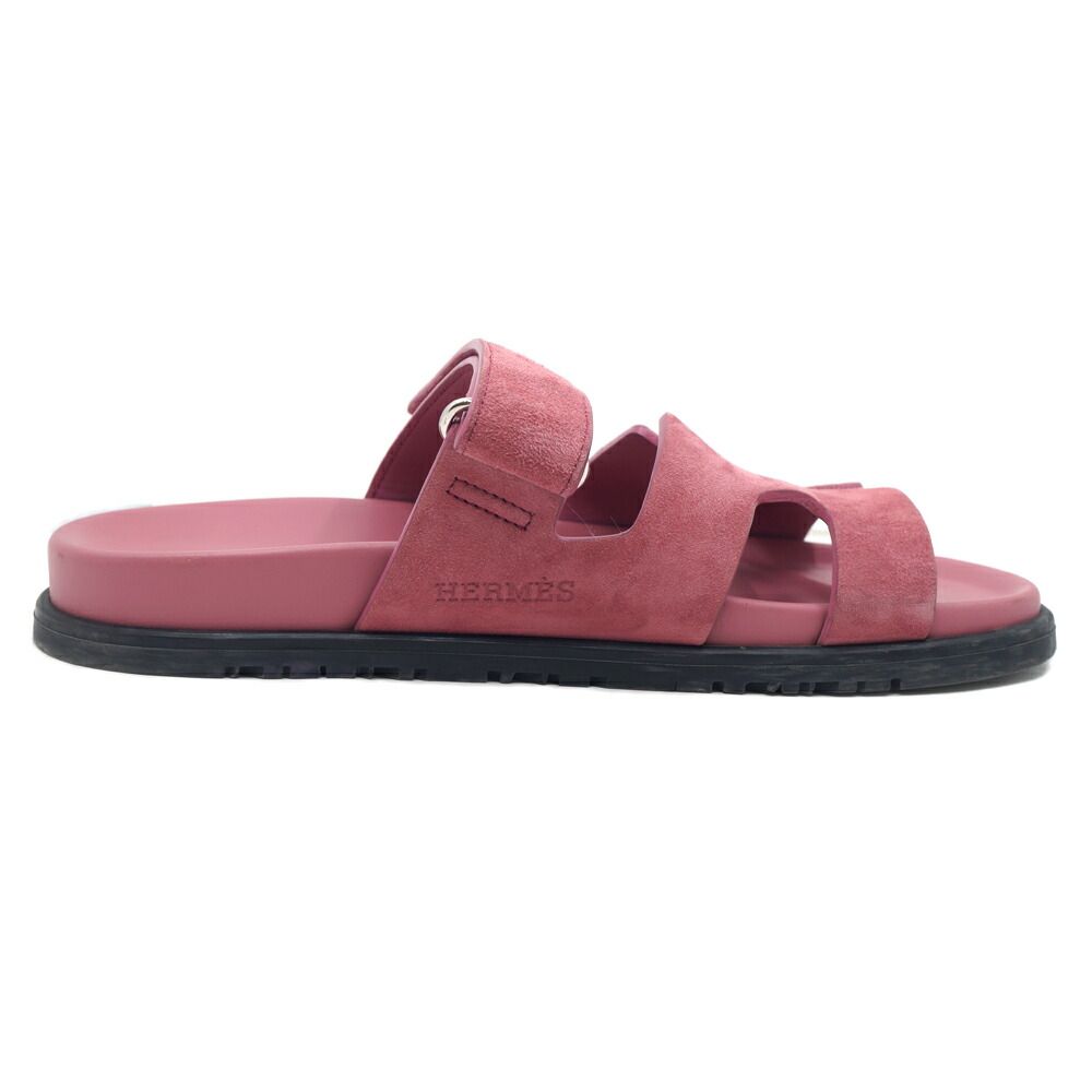 Hermes Chypre Sandals Pink Silver Suede Shoes 38 — view 2