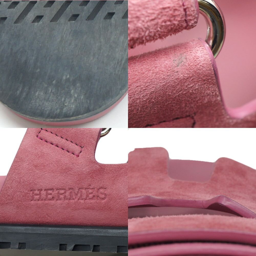 Hermes Chypre Sandals Pink Silver Suede Shoes 38 — view 8