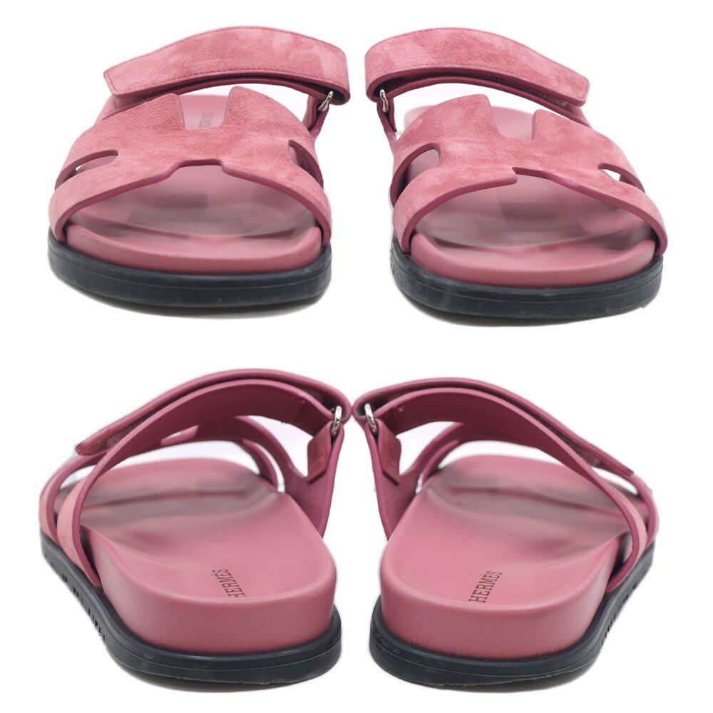 Hermes Chypre Sandals Pink Silver Suede Shoes 38 — view 5