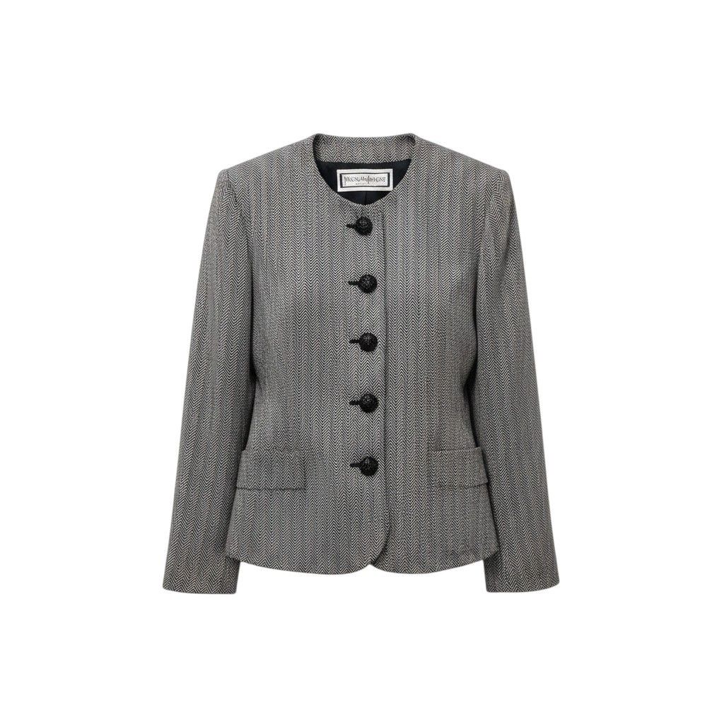 Saint Laurent Collarless Jacket Herringbone Pattern M Black White Wool