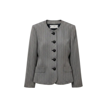 Saint Laurent Collarless Jacket Herringbone Pattern M Black White Wool