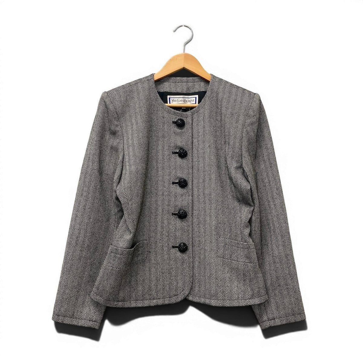 Saint Laurent Collarless Jacket Herringbone Pattern M Black White Wool — view 2