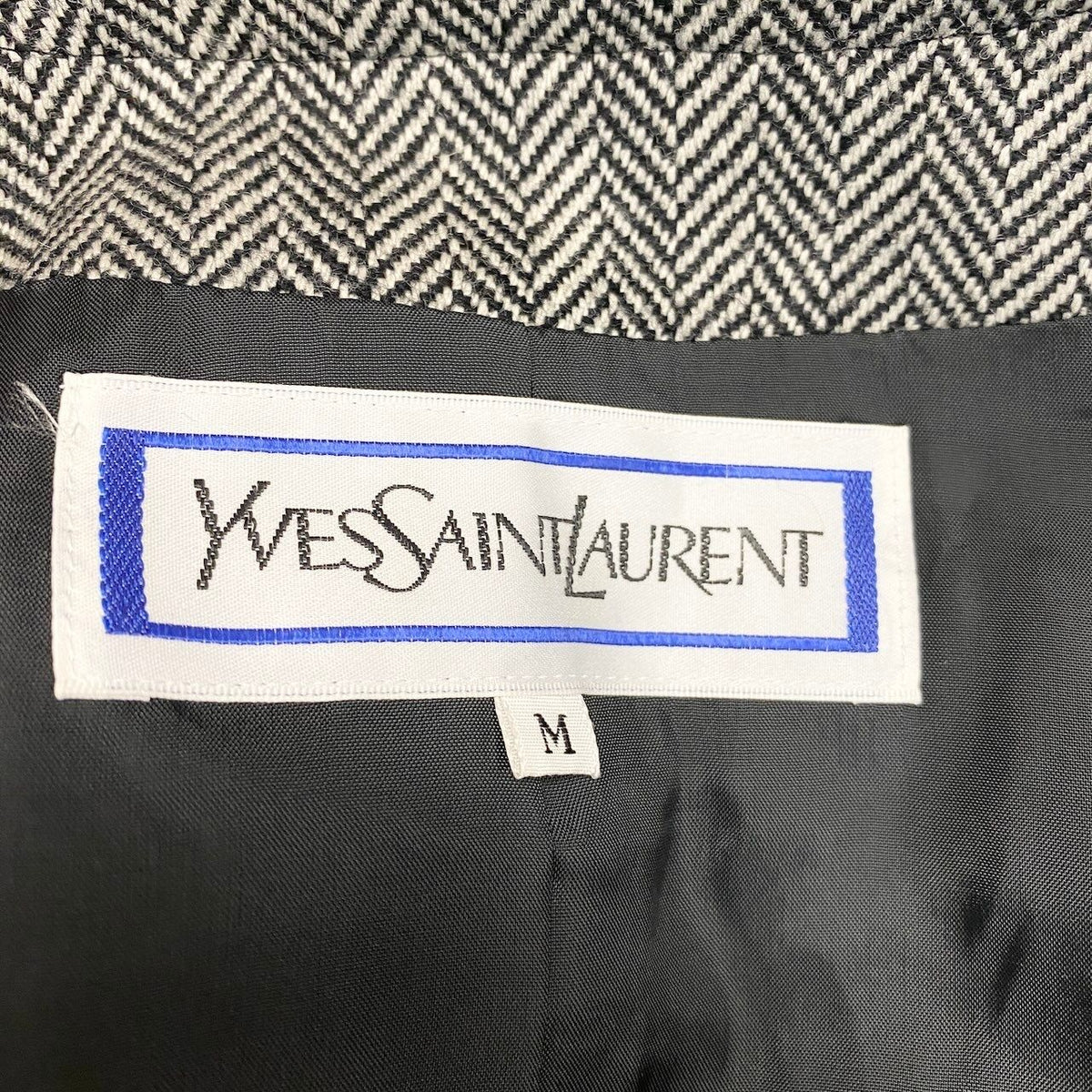 Saint Laurent Collarless Jacket Herringbone Pattern M Black White Wool — view 8