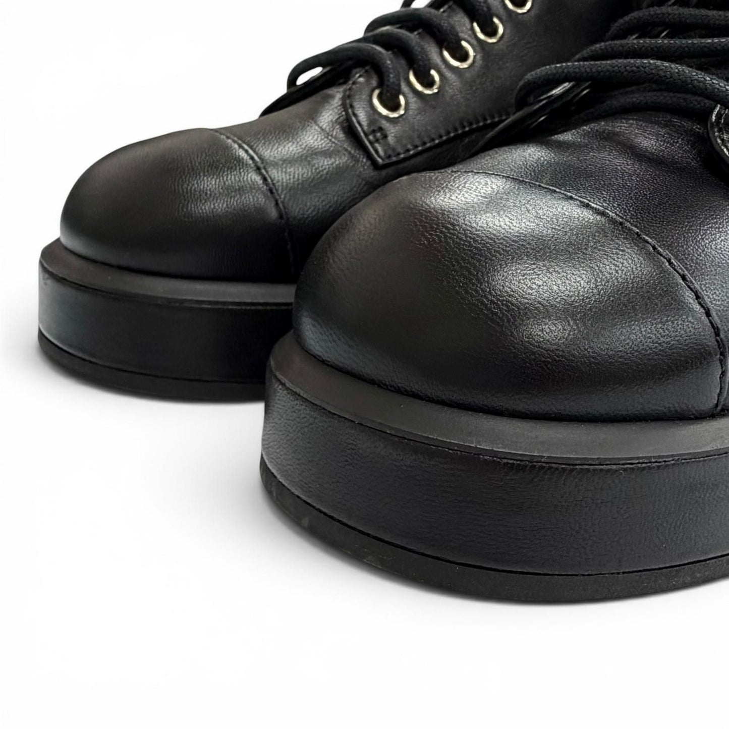 Chanel CC Logo Quilted Lace Up Leather Short Boots Black — view 7
