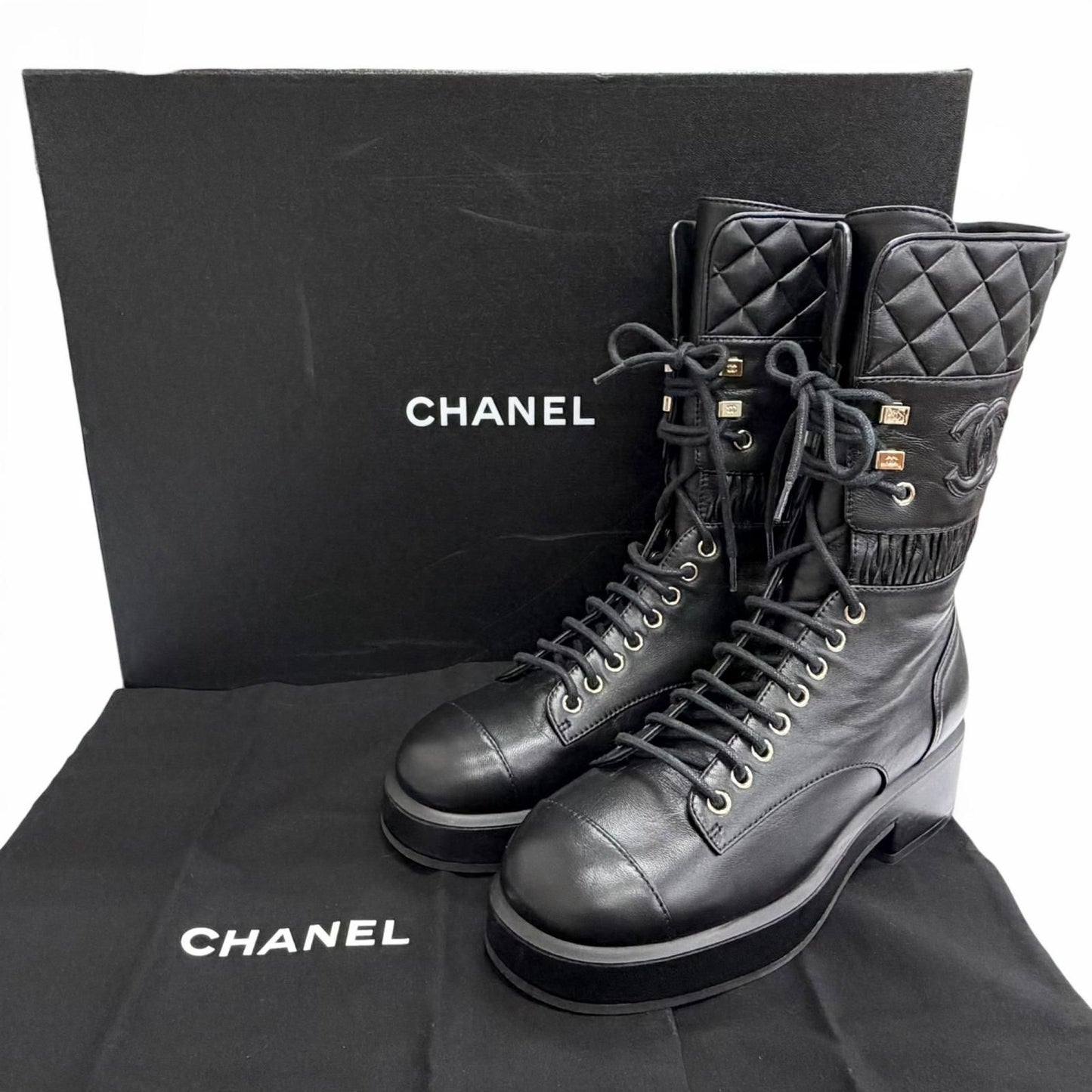 Chanel CC Logo Quilted Lace Up Leather Short Boots Black — view 2