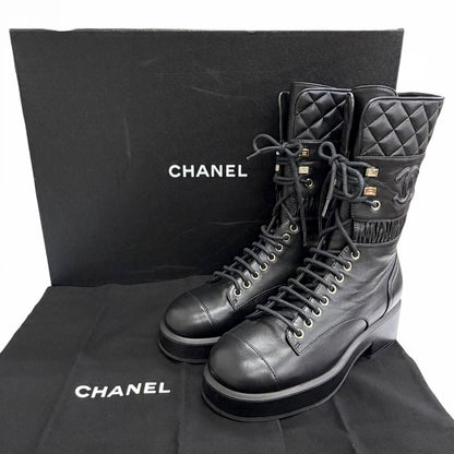 Chanel CC Logo Quilted Lace Up Leather Short Boots Black — view 2