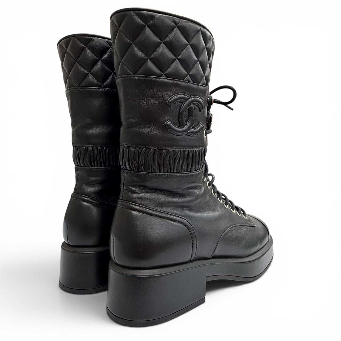 Chanel CC Logo Quilted Lace Up Leather Short Boots Black — view 6
