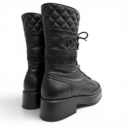 Chanel CC Logo Quilted Lace Up Leather Short Boots Black — view 6