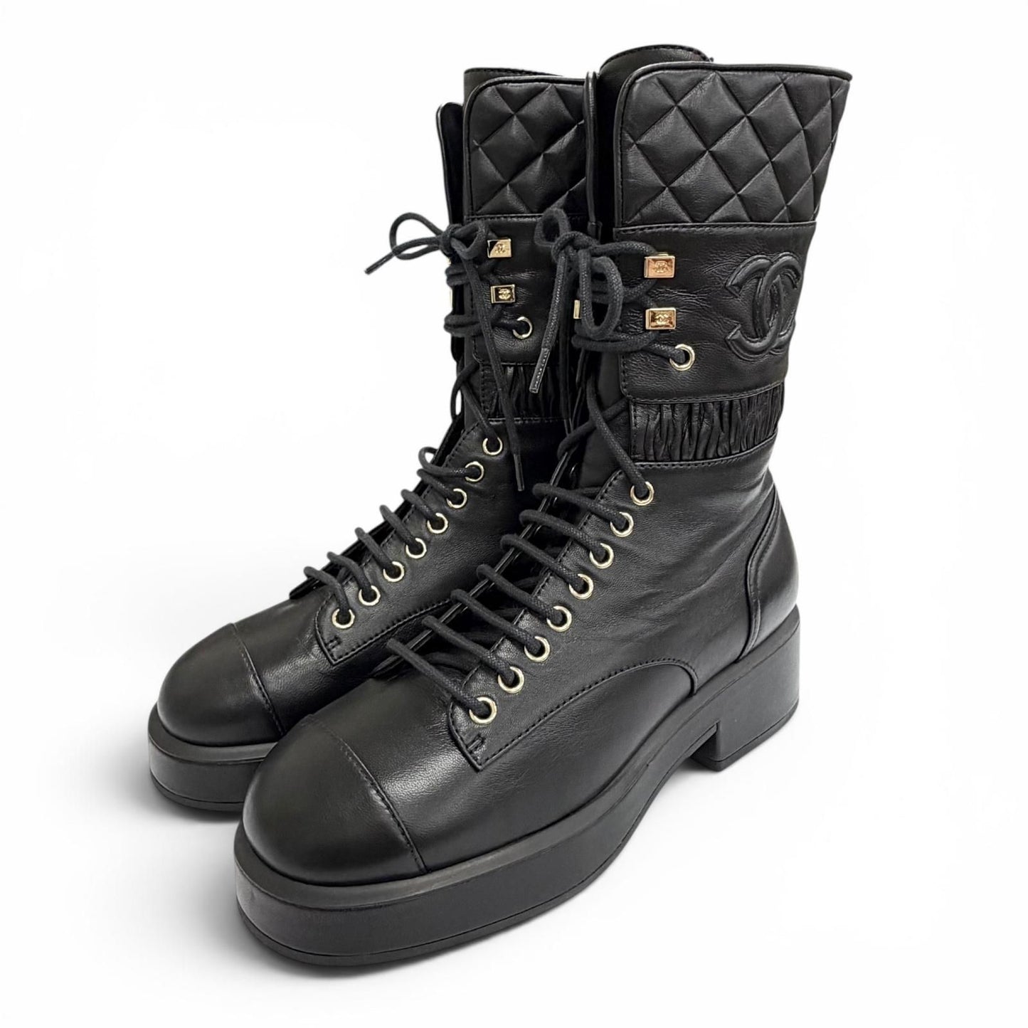 Chanel CC Logo Quilted Lace Up Leather Short Boots Black