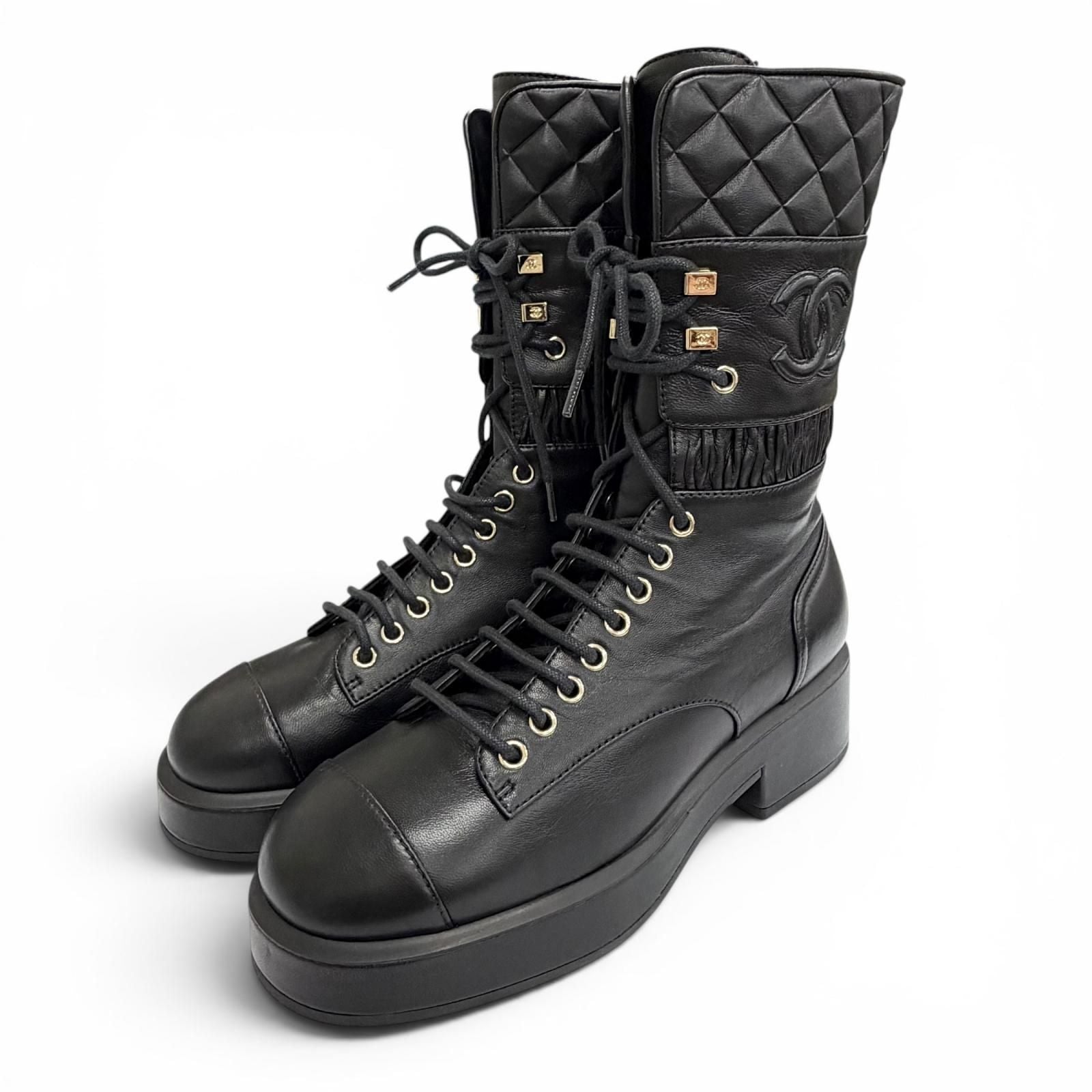 Chanel CC Logo Quilted Lace Up Leather Short Boots Black