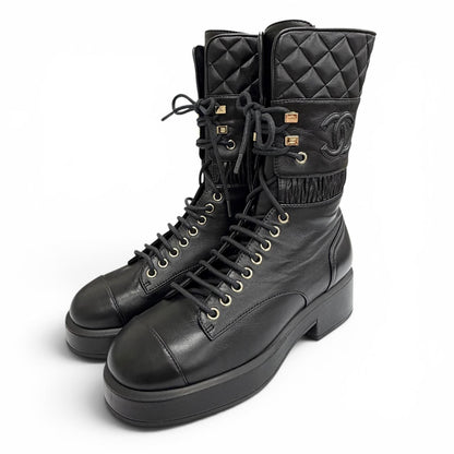 Chanel CC Logo Quilted Lace Up Leather Short Boots Black