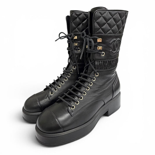 Chanel CC Logo Quilted Lace Up Leather Short Boots Black