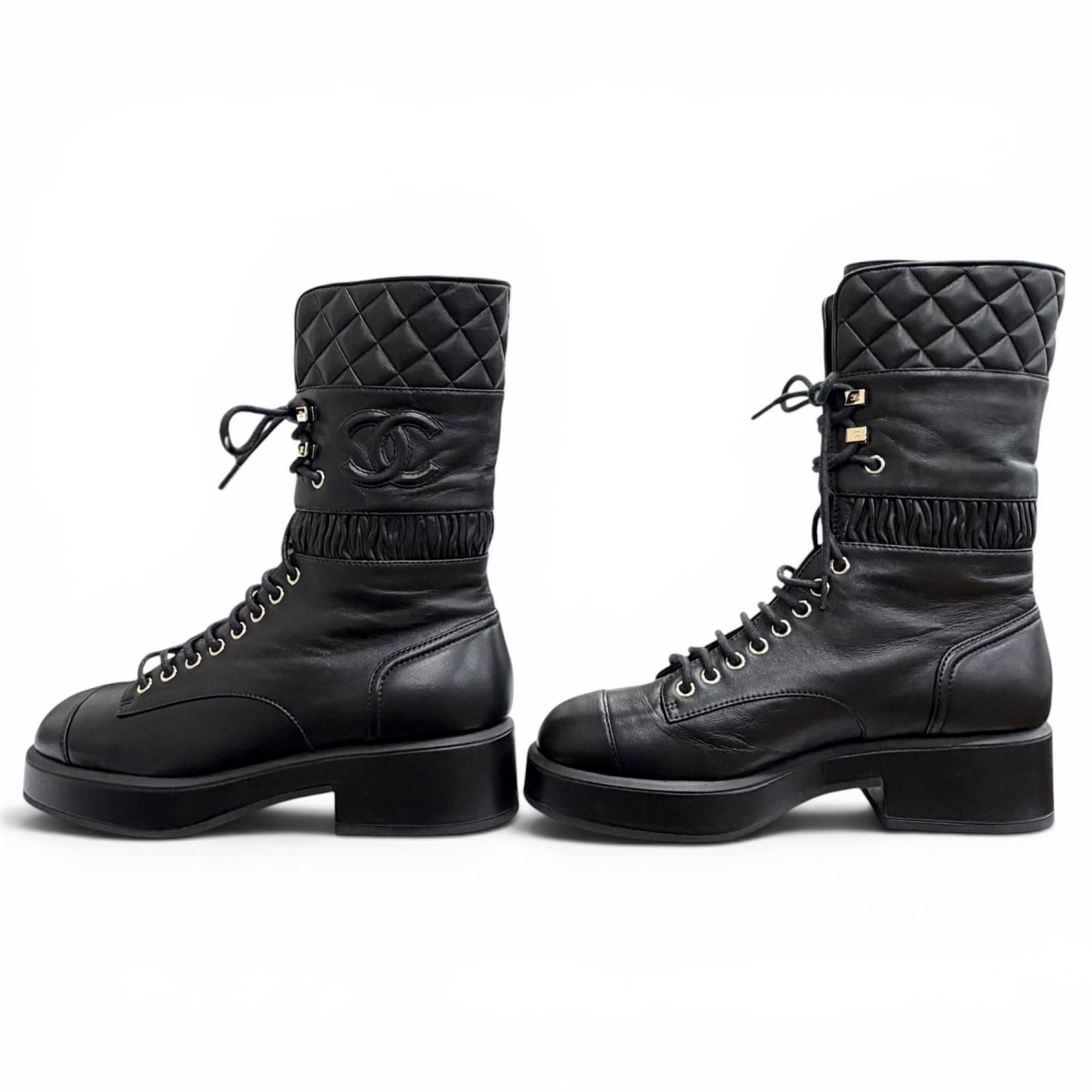 Chanel CC Logo Quilted Lace Up Leather Short Boots Black — view 3