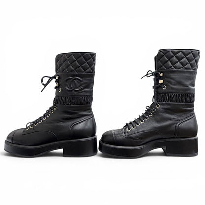 Chanel CC Logo Quilted Lace Up Leather Short Boots Black — view 3