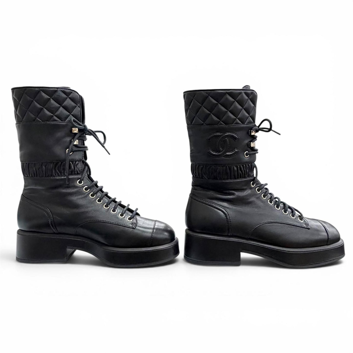 Chanel CC Logo Quilted Lace Up Leather Short Boots Black — view 4