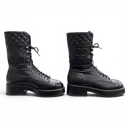 Chanel CC Logo Quilted Lace Up Leather Short Boots Black — view 4