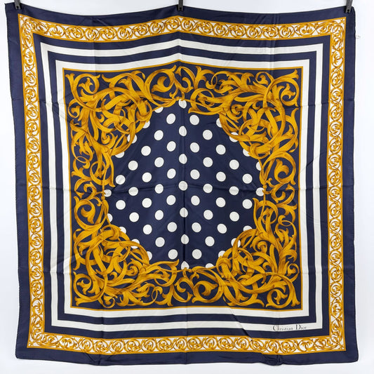 Dior Trotter Dot Pattern Silk Scarf Navy White Yellow Multicolor Vintage