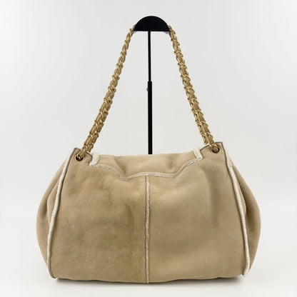 Chanel CC Logo Chain Shoulder Bag Suede Shearling Beige Gold Vintage — view 5