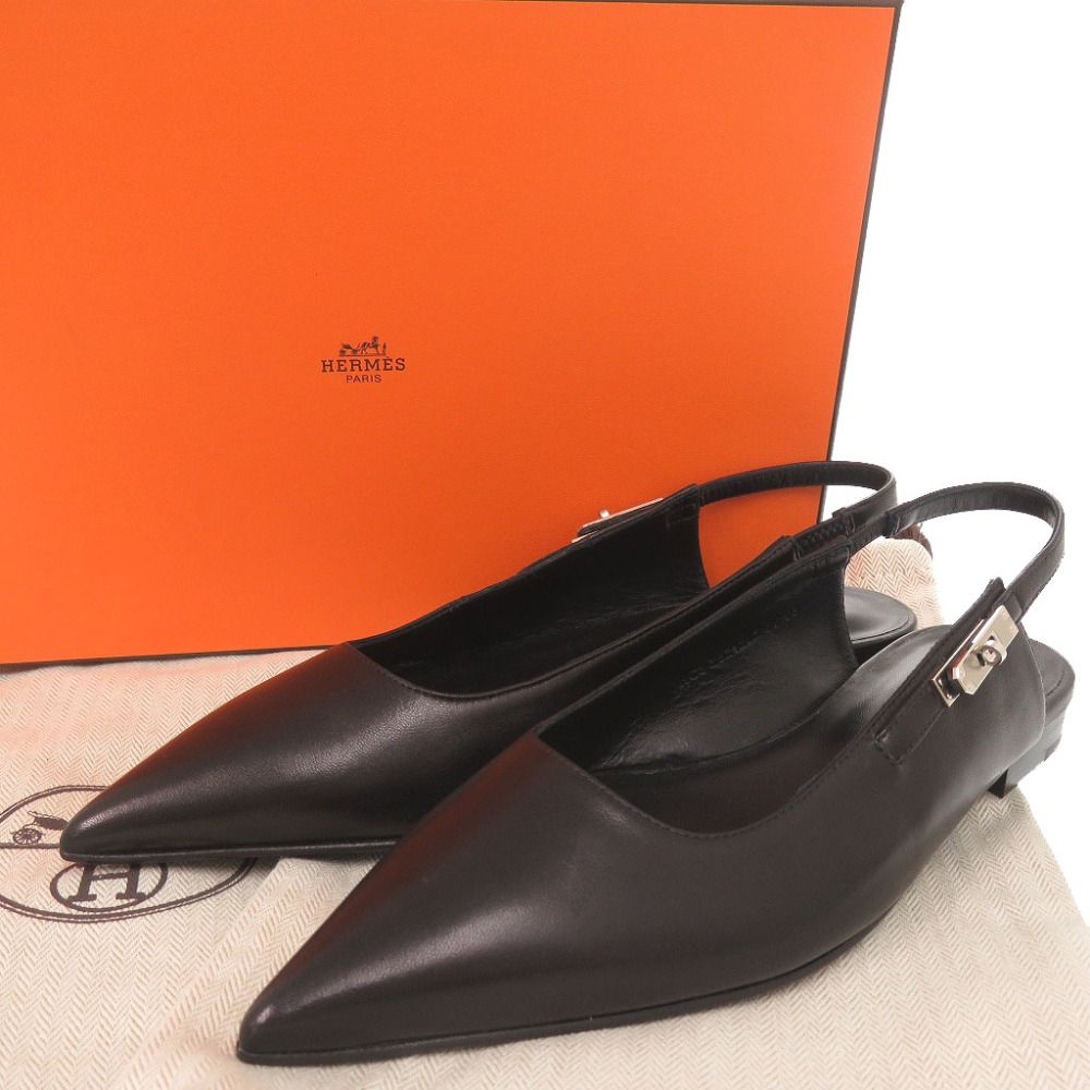Hermes Lovely Kelly Buckle Nappa Leather Black Flat Shoes Pumps 37 — view 2