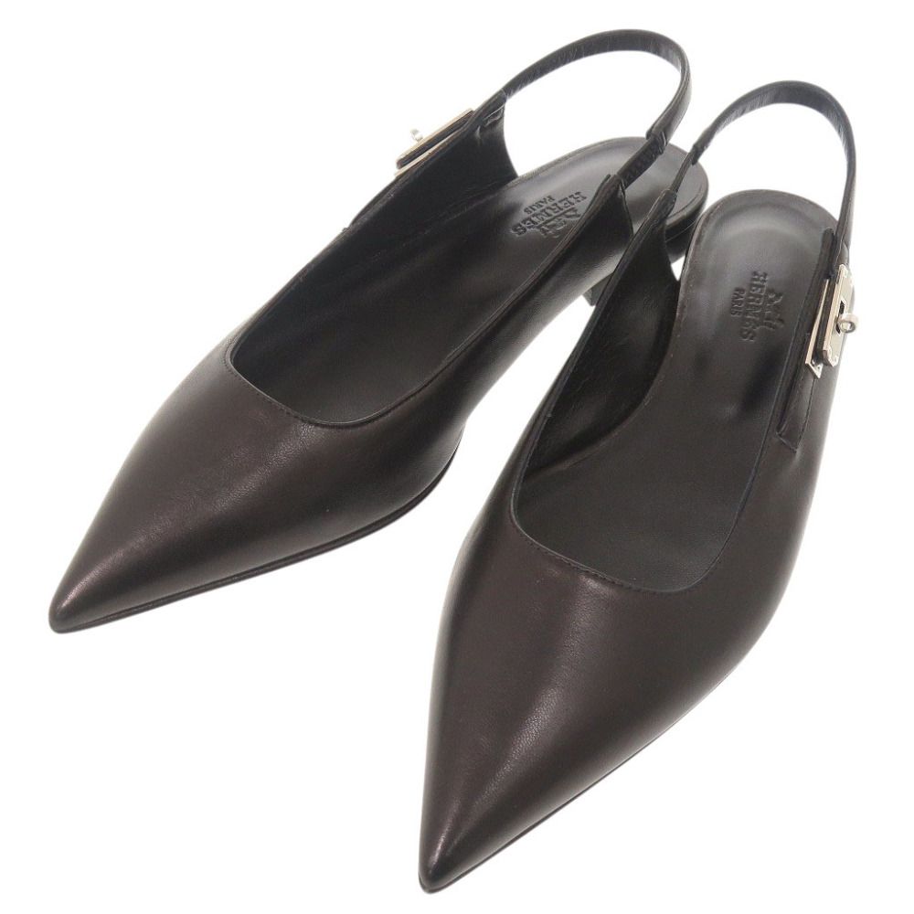 Hermes Lovely Kelly Buckle Nappa Leather Black Flat Shoes Pumps 37