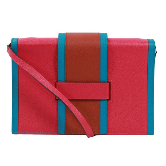 Hermes Passan Shoulder Bag Leather Pink Brown Blue Clutch Silver