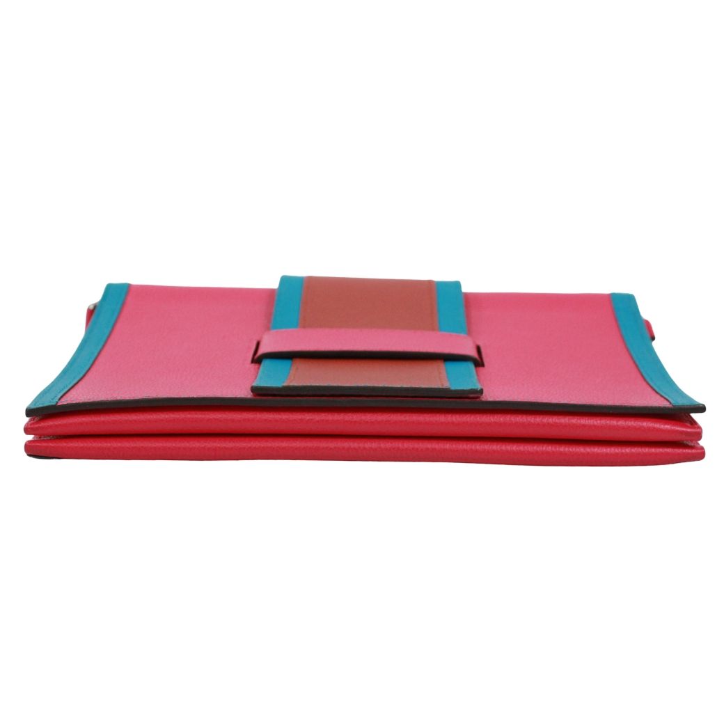 Hermes Passan Shoulder Bag Leather Pink Brown Blue Clutch Silver — view 4