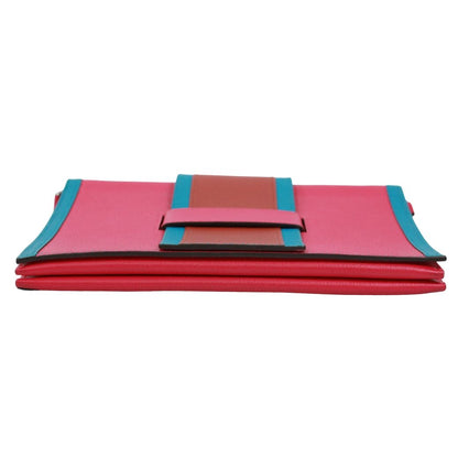 Hermes Passan Shoulder Bag Leather Pink Brown Blue Clutch Silver — view 4