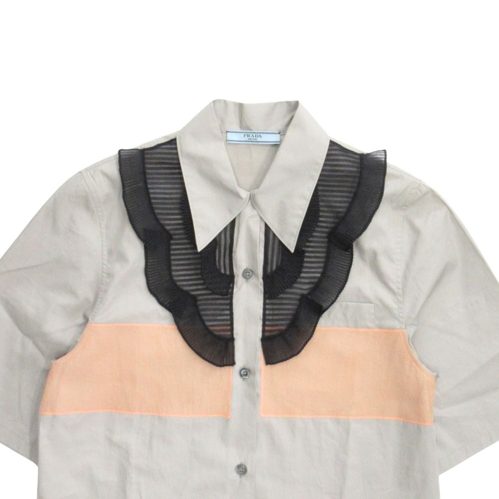 Prada Ruffle Shirt Blouse Top Short Sleeve Archive Runway Worn 38 Gray — view 3