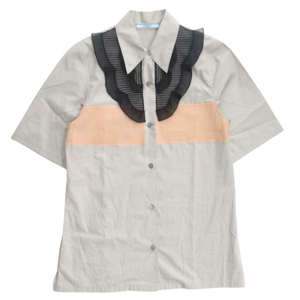 Prada Ruffle Shirt Blouse Top Short Sleeve Archive Runway Worn 38 Gray