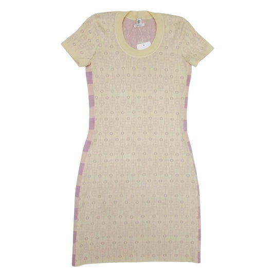 Hermes Cliquetis Silk Knit Dress Chaine D'Ancre Jacquard Short Sleeve 36 Beige