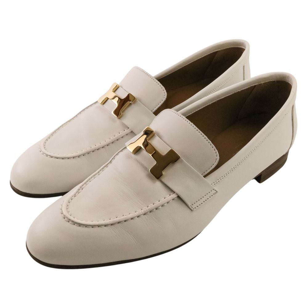 Hermes Leather Moccasins Paris Loafers Pumps Shoes White 38