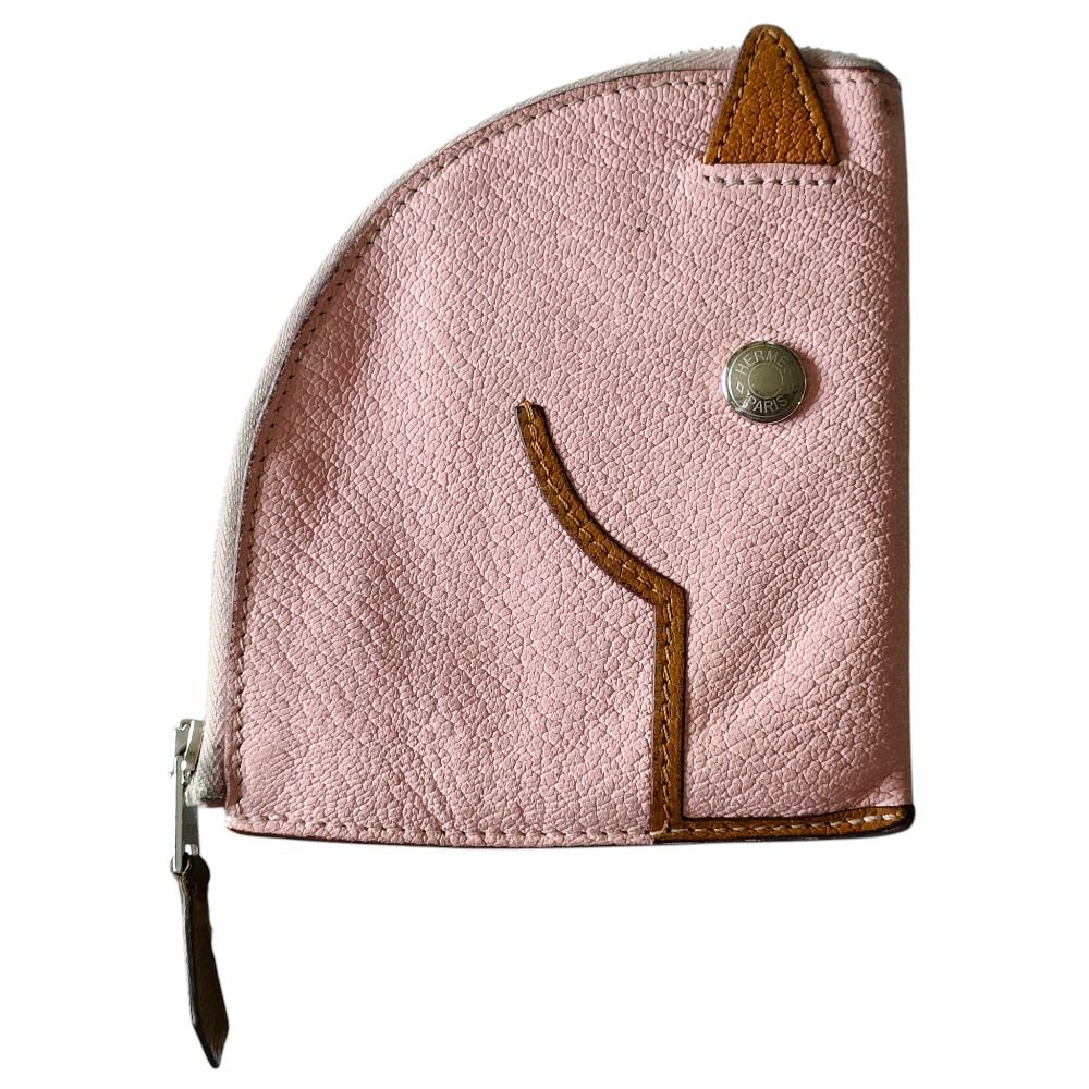 Hermes Leather Cheval Paddock Horse Motif Compact Wallet Coin Purse Pink