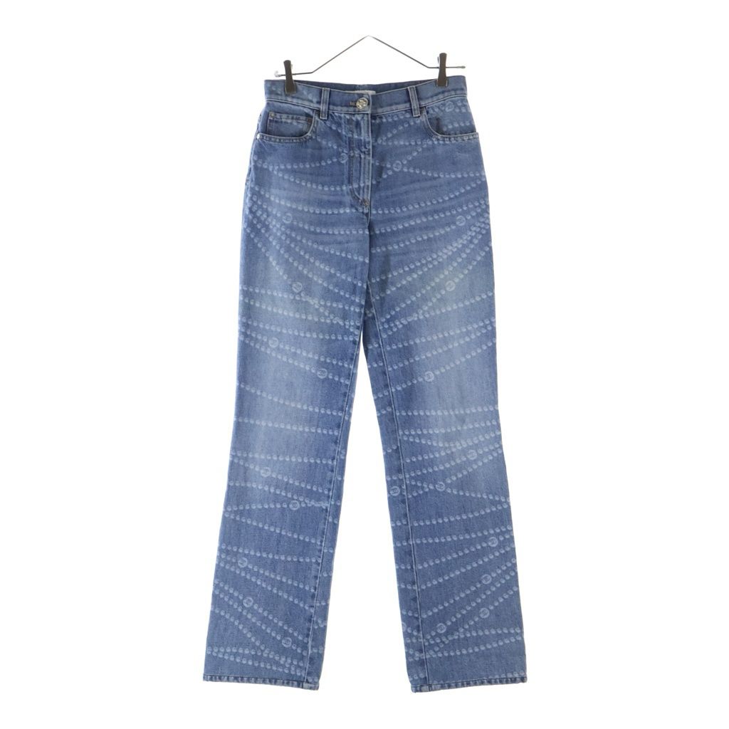 Chanel CC Logo Pearl Print Wide Leg Denim CC Leg All Over Pattern Zip Fly Long