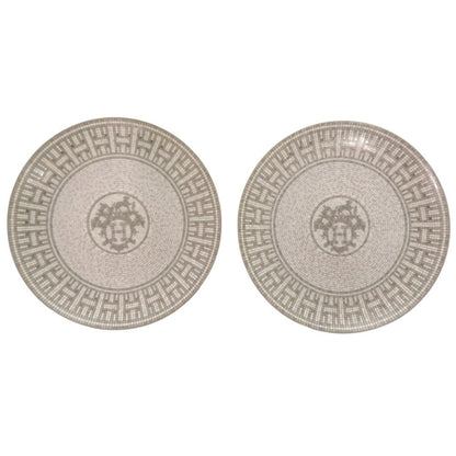 Hermes Mosaic 24 Platinum Ceramic Gray Leather Dessert Plate